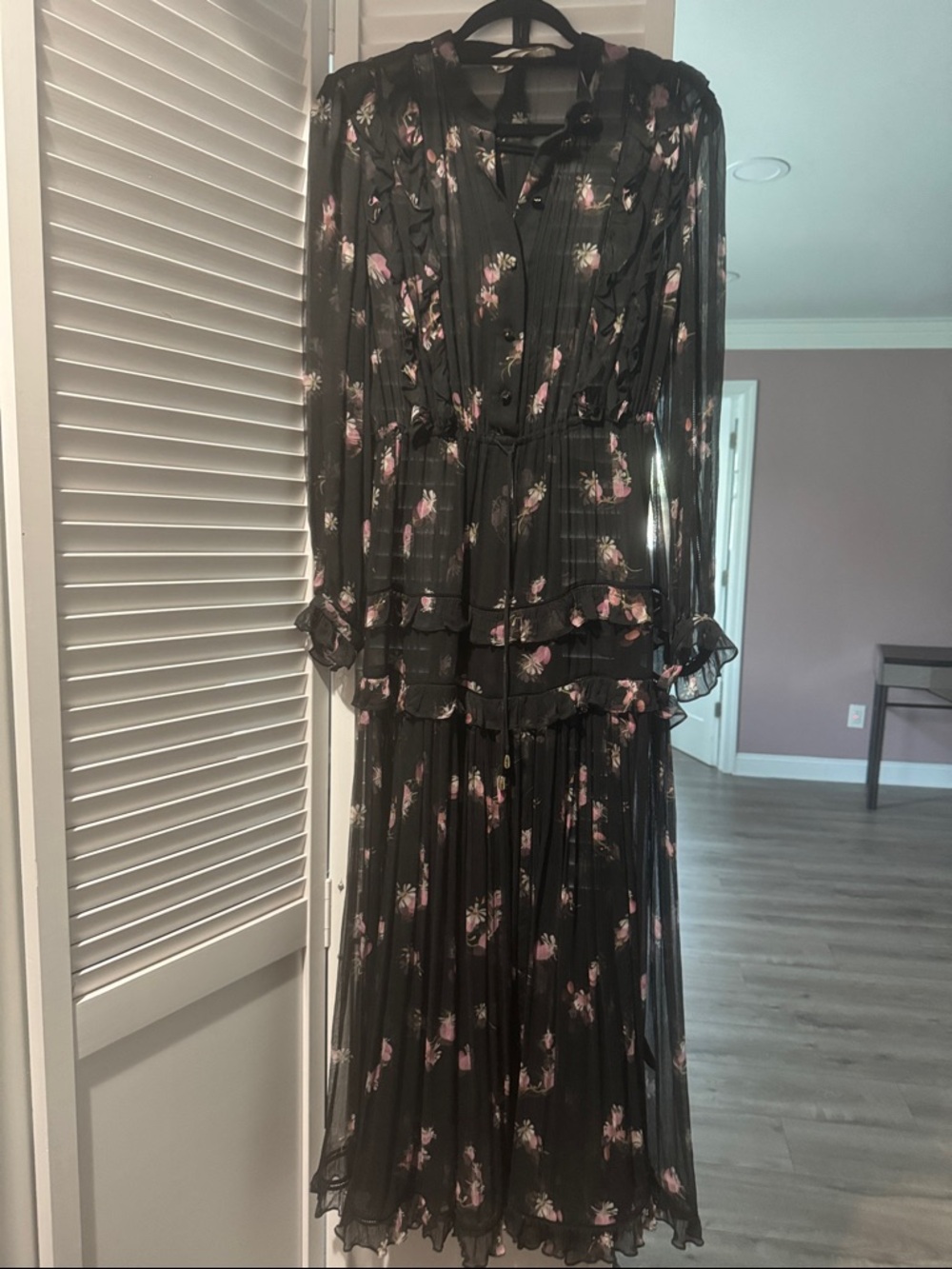 Zimmermann Black Floral Long Sleeve Tiered Midi Dress with Pink Blooms
